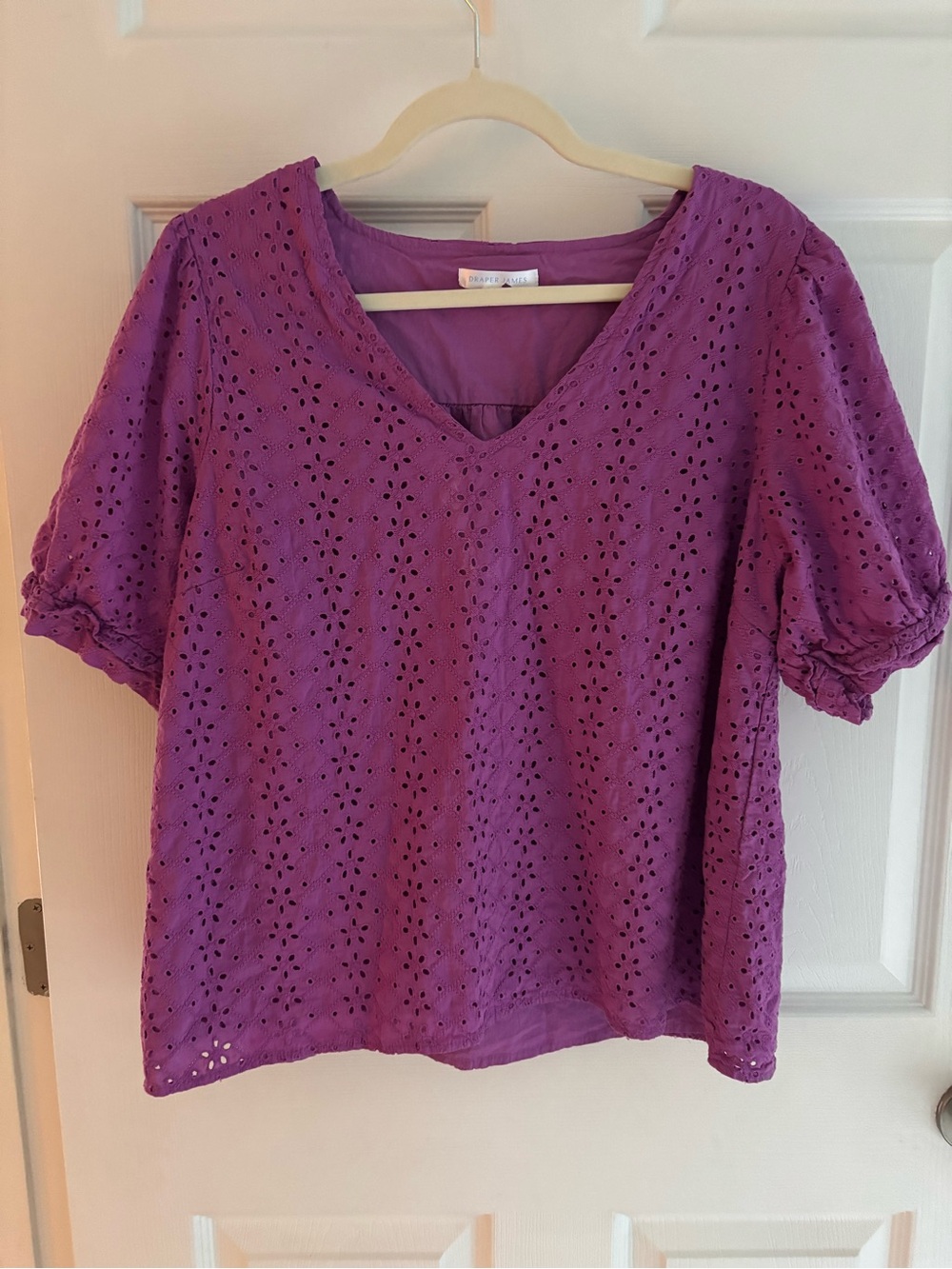 Draper James Heidi V-Neck Short Puff Sleeve Top in Purple Eyelet